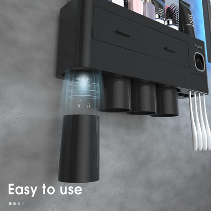 Ihave Toothbrush Holders for Bathrooms, 4 Cups Toothbrush Holder Wall Mounted with Toothpaste Dispenser - Large Capacity Tray, 2 Cosmetic Drawer - Bathroom Storage & Bathroom Organizer House