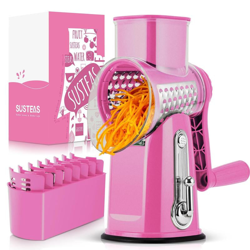 SUSTEAS Rotary Cheese Grater with Handle, 5 Well-Designed Blades, Strong Suction Cup Base, Kitchen Utensils Vegetable Slicer Dicer Fruit Vegetable Slicer Gadgets Kitchen