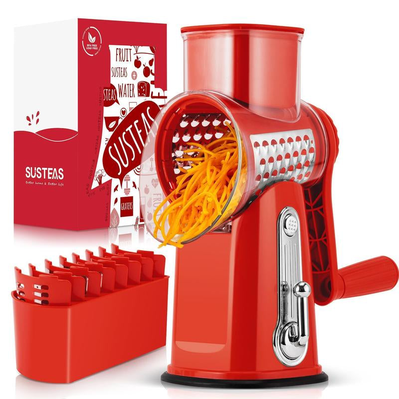 SUSTEAS Rotary Cheese Grater with Handle, 5 Well-Designed Blades, Strong Suction Cup Base, Kitchen Utensils Vegetable Slicer Dicer Fruit Vegetable Slicer Gadgets Kitchen