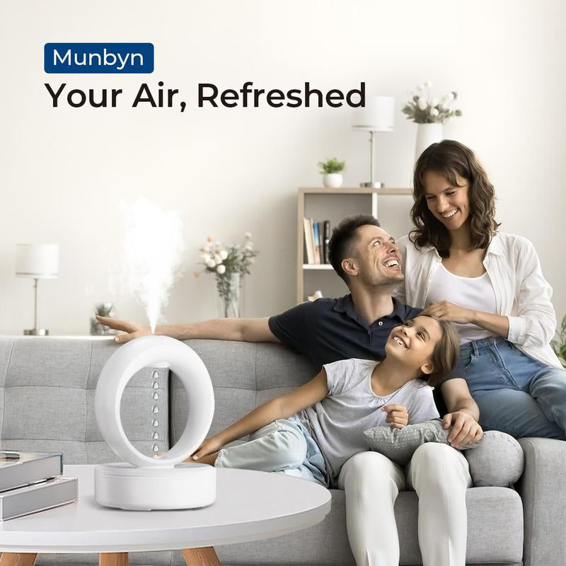 【MUNBYN Anti-Gravity Water Drop Humidifier】 3-In-1 Household Air Humidifier with Night Light for Bedroom, Smart Bedroom Humidifier with Timer, Auto Shut-Off for Smart Dry Protection with USB Powered，Suggest Purified Water