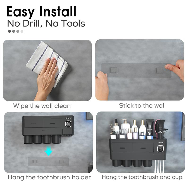 Ihave Toothbrush Holders for Bathrooms, 4 Cups Toothbrush Holder Wall Mounted with Toothpaste Dispenser - Large Capacity Tray, 2 Cosmetic Drawer - Bathroom Storage & Bathroom Organizer House