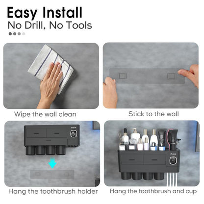 Ihave Toothbrush Holders for Bathrooms, 4 Cups Toothbrush Holder Wall Mounted with Toothpaste Dispenser - Large Capacity Tray, 2 Cosmetic Drawer - Bathroom Storage & Bathroom Organizer House