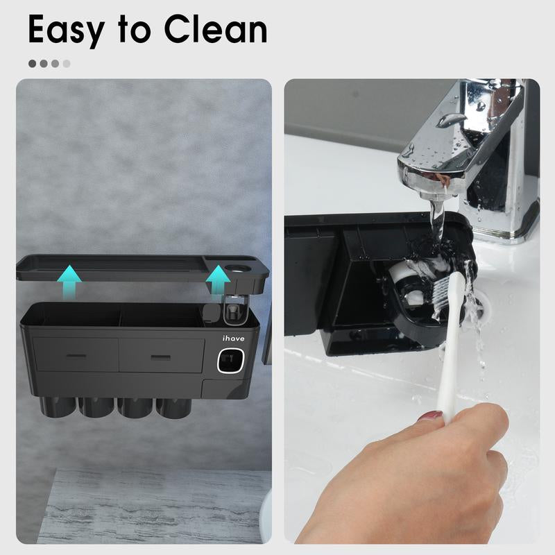 Ihave Toothbrush Holders for Bathrooms, 4 Cups Toothbrush Holder Wall Mounted with Toothpaste Dispenser - Large Capacity Tray, 2 Cosmetic Drawer - Bathroom Storage & Bathroom Organizer House