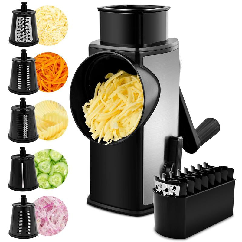SUSTEAS Rotary Cheese Grater with Handle, 5 Well-Designed Blades, Strong Suction Cup Base, Kitchen Utensils Vegetable Slicer Dicer Fruit Vegetable Slicer Gadgets Kitchen