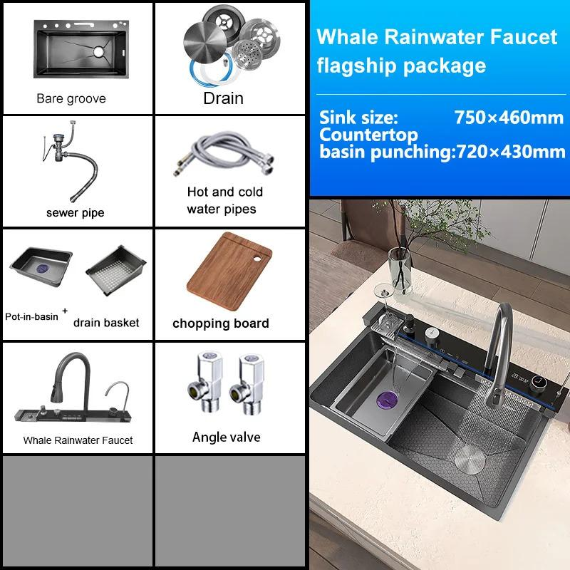 Stainless Steel Kitchen Sink with Waterfall Single Bowl Digital Display Extra Large Slot Multifunctional Washing Sinks