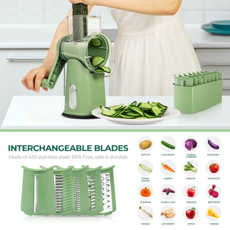 SUSTEAS Rotary Cheese Grater with Handle, 5 Well-Designed Blades, Strong Suction Cup Base, Kitchen Utensils Vegetable Slicer Dicer Fruit Vegetable Slicer Gadgets Kitchen